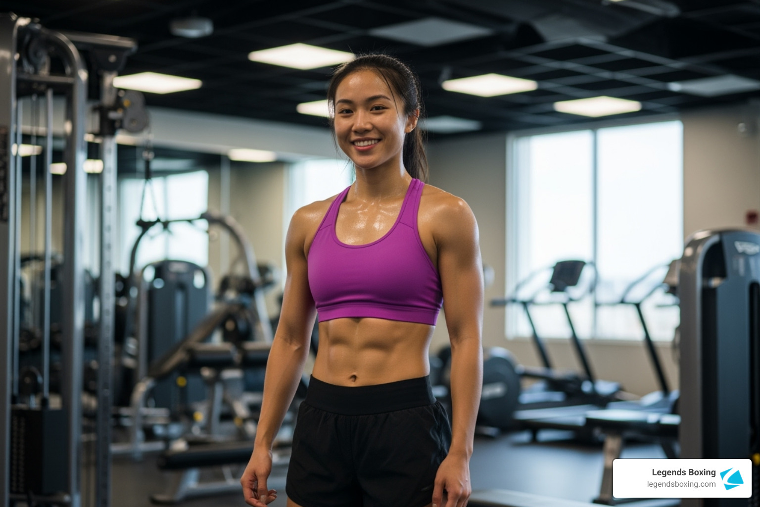Fit smiling woman after a boxing workout — purple sports bra, lean athletic physique, gym equipment in background — Legends Boxing