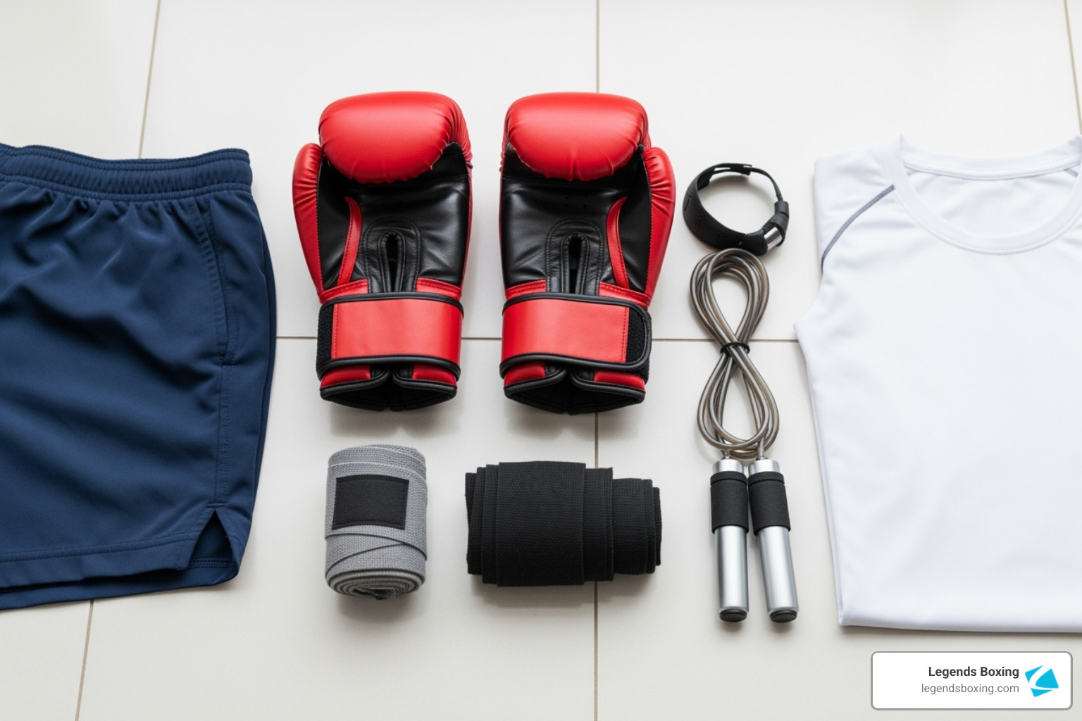 Complete boxing gear flatlay — red and black boxing gloves, two rolls of hand wraps, jump rope, blue shorts, and white t-shirt laid out neatly on a tile floor — essential beginner boxing equipment — Legends Boxing