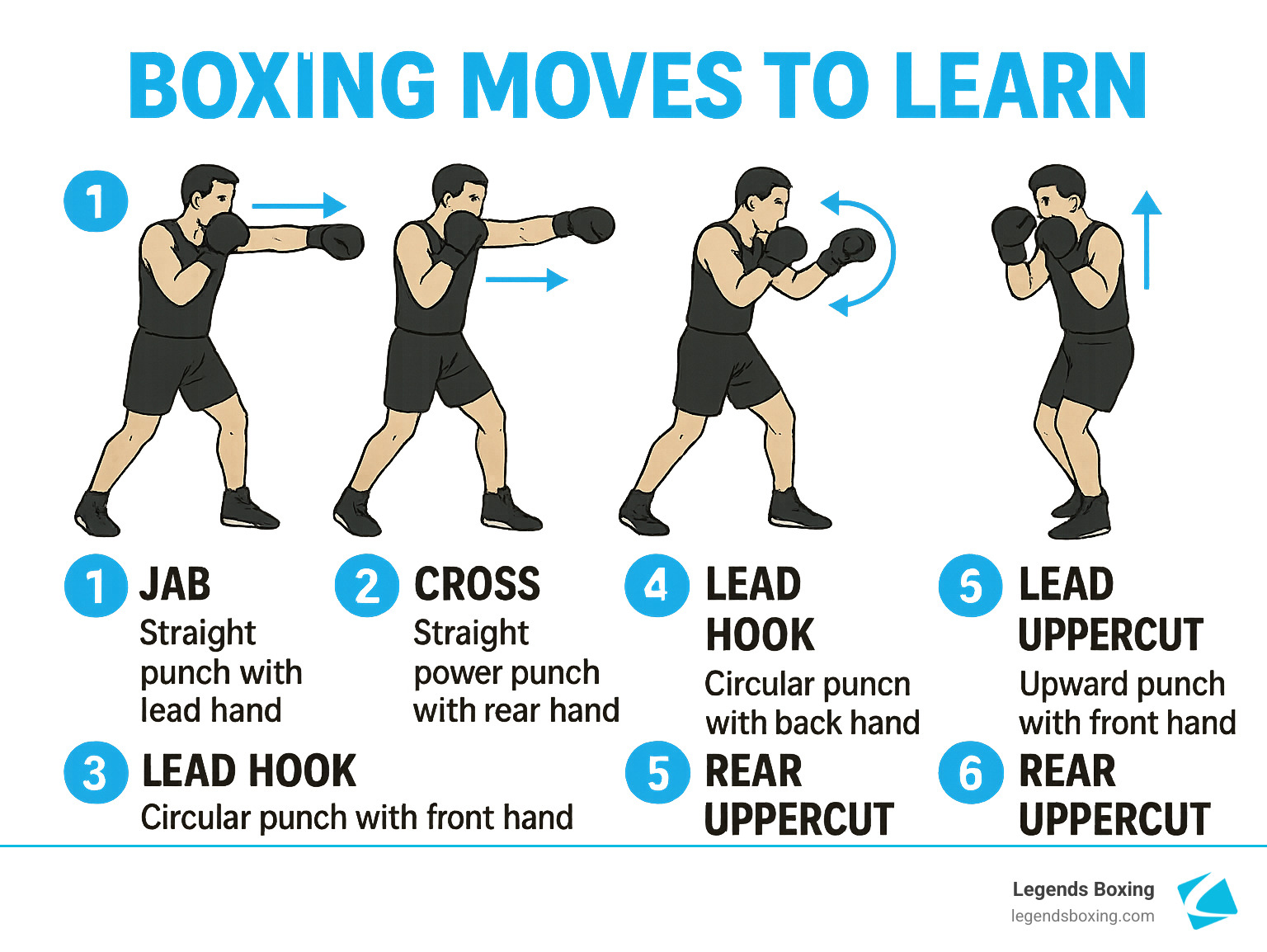 Boxing Moves to Learn infographic: illustrated guide showing 6 boxing punches — Jab (1) straight lead hand, Cross (2) straight rear power punch, Lead Hook (3) circular front hand, Rear Hook (4) circular back hand, Lead Uppercut (5) upward front hand, Rear Uppercut (6) upward rear hand — each numbered with directional arrows and stance positioning — Legends Boxing