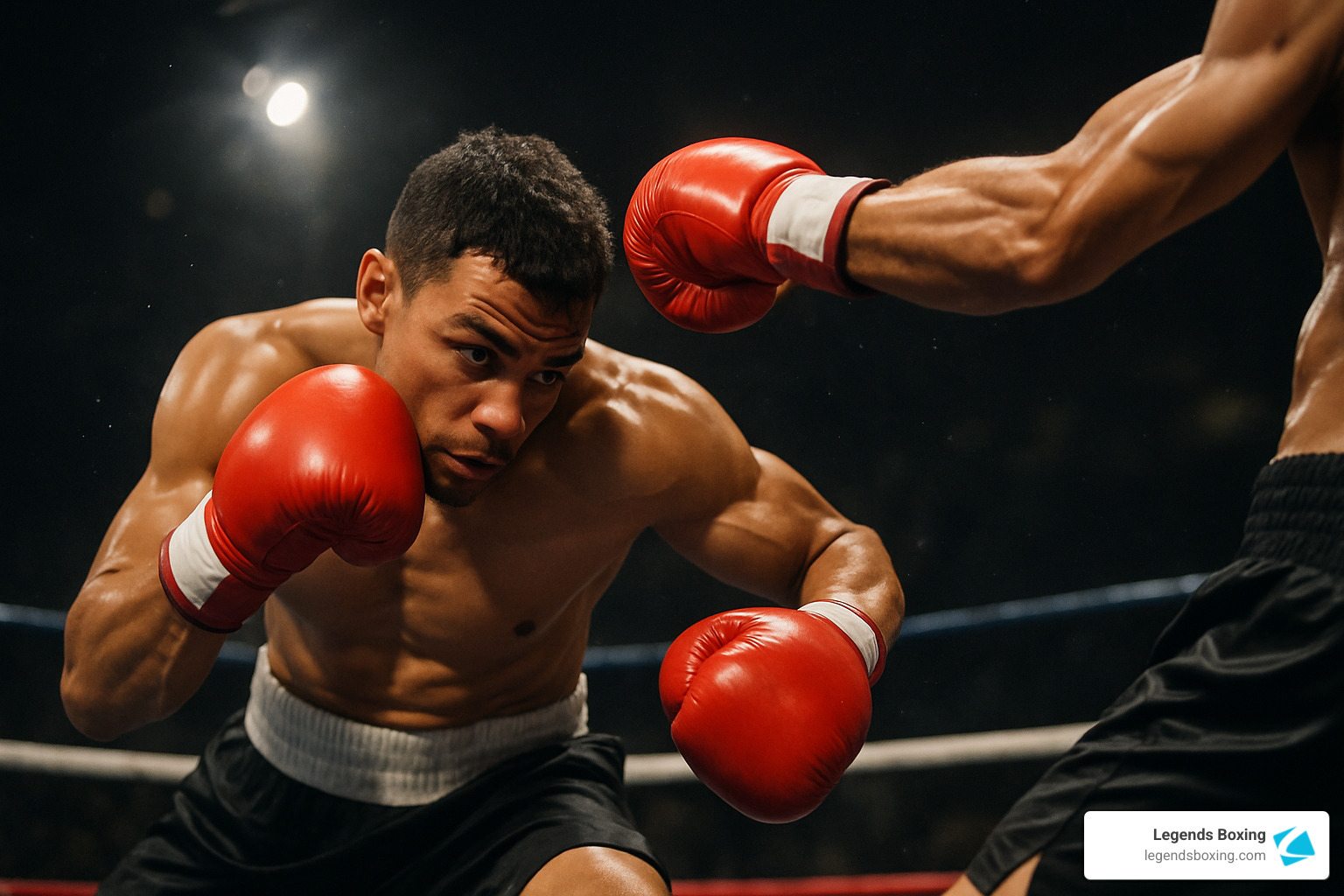 Boxer slipping/ducking under an incoming punch in the ring — opponent's glove visible inches from his face, dramatic arena spotlight, glistening with effort — perfect demonstration of the slip defensive boxing move — Legends Boxing