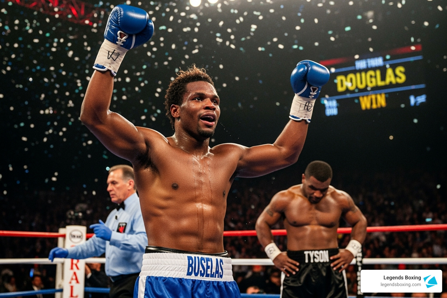 Buster Douglas raises both gloved fists in triumph, "DOUGLAS WIN" shown on the arena scoreboard, defeated opponent in "TYSON" trunks in the background, confetti raining down — the most famous upset in boxing odds history