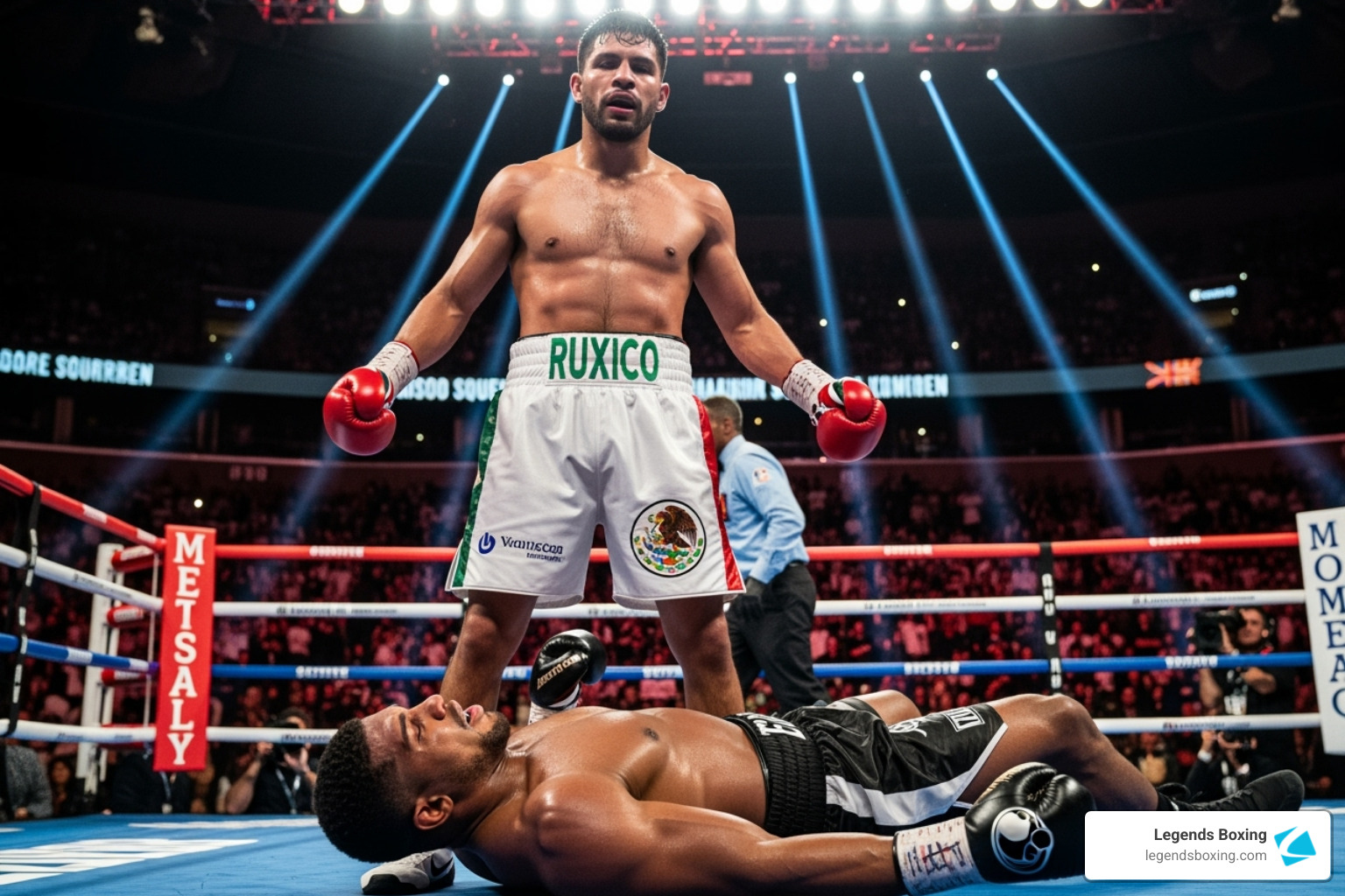 Andy Ruiz Jr. stands over fallen Anthony Joshua at Madison Square Garden — the moment a +2000 underdog shocked the boxing world and rewrote modern boxing odds history — Legends Boxing