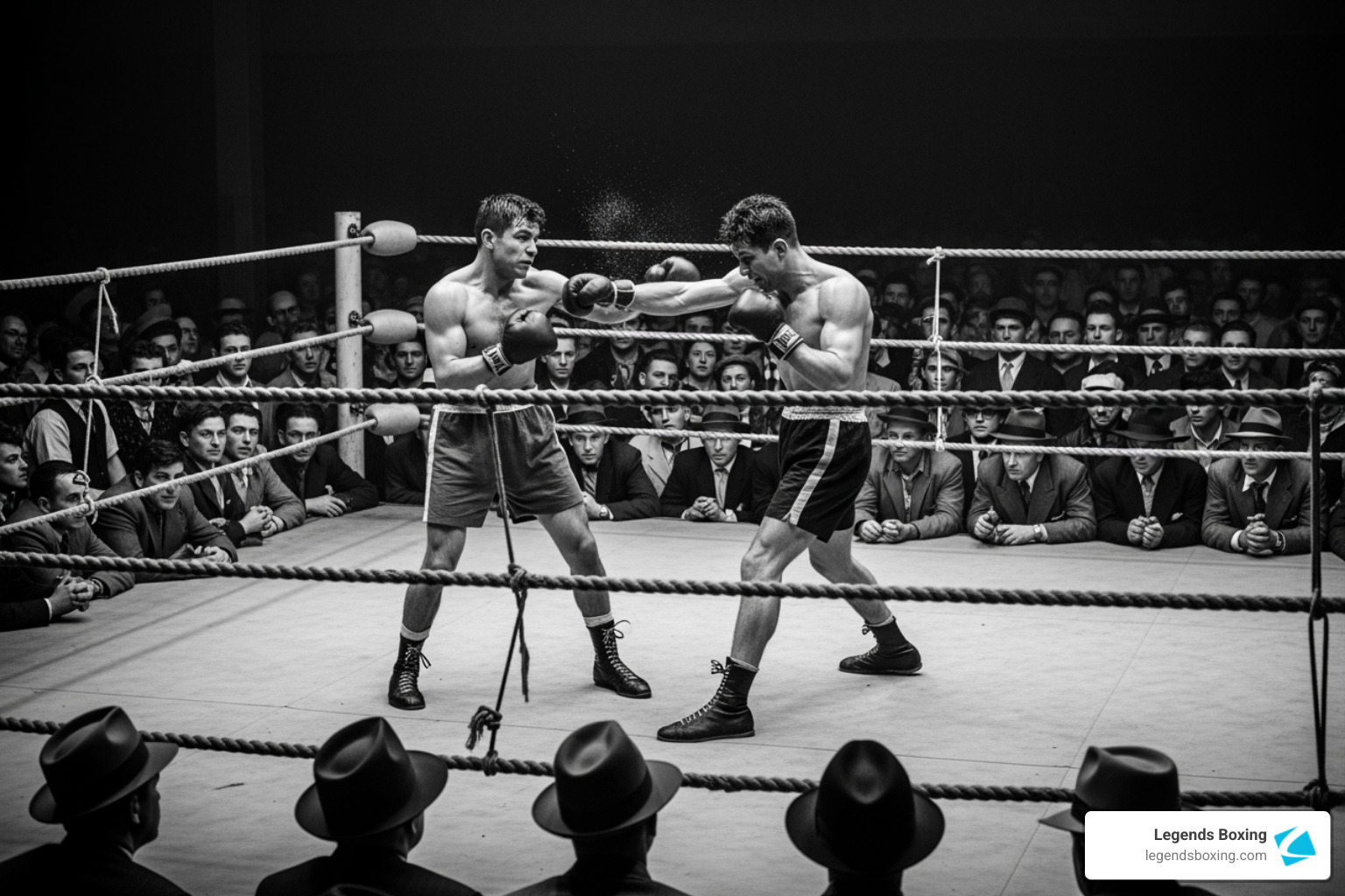 Black and white vintage boxing match photograph — two bare-knuckle era fighters exchanging punches in a ring surrounded by a large crowd of men in suits and hats — a packed hall circa early 20th century