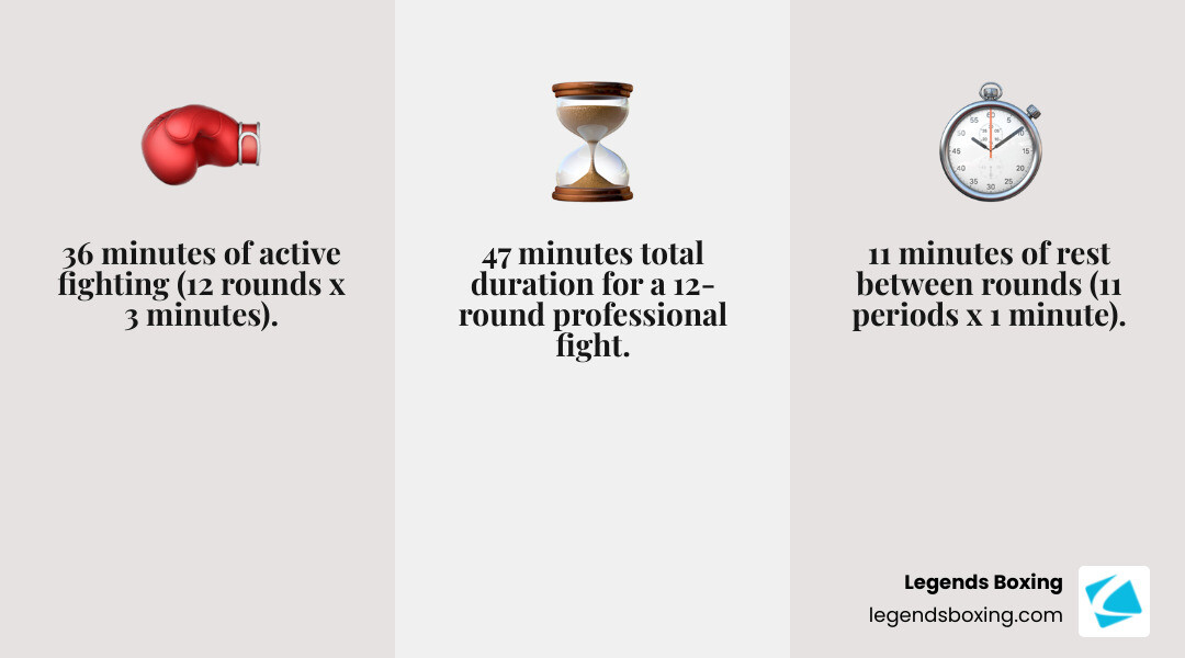 12-round professional boxing match stats infographic — three panels: boxing glove emoji: 36 minutes of active fighting (12 rounds × 3 minutes); hourglass emoji: 47 minutes total duration for a 12-round professional fight; stopwatch emoji: 11 minutes of rest between rounds (11 periods × 1 minute) — Legends Boxing