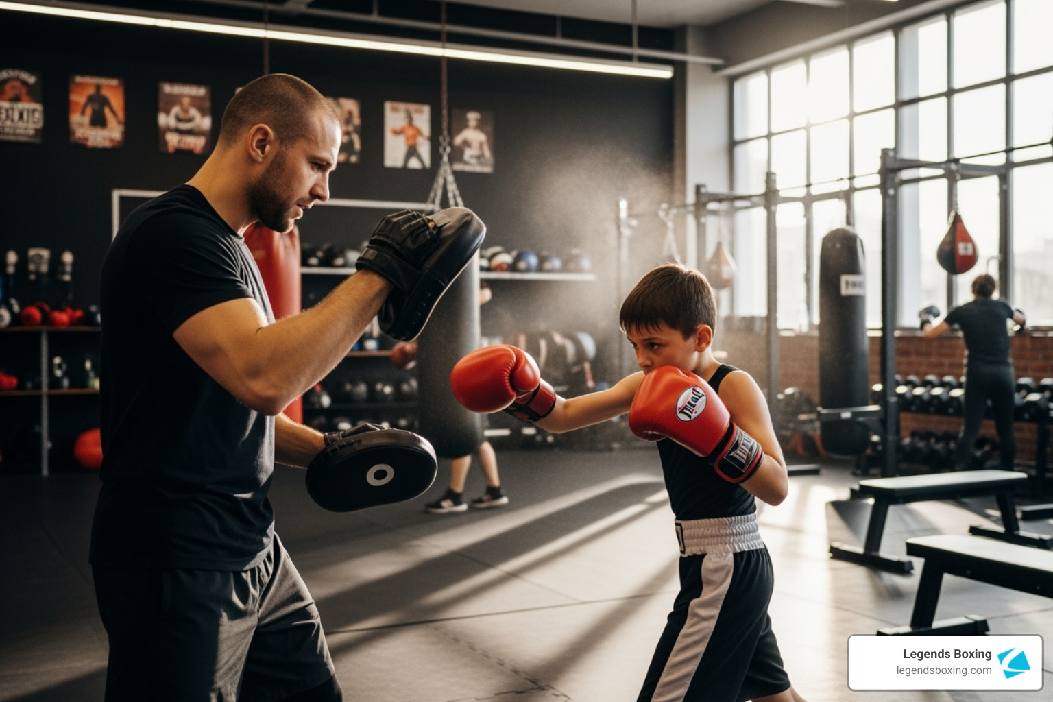 Boxing coach in black holding focus mitts while a focused young boy in red gloves and boxing gear delivers a punch in a professional gym