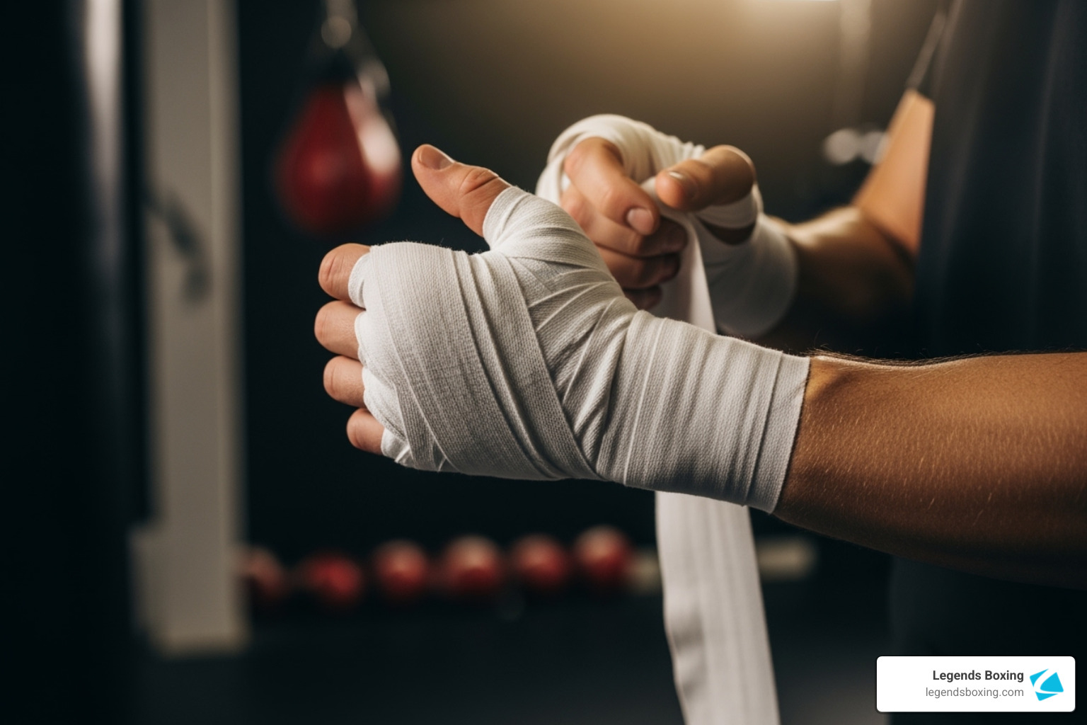 Close-up of a boxer's hands being wrapped with white boxing hand wraps — red speed bag visible in the background bokeh
