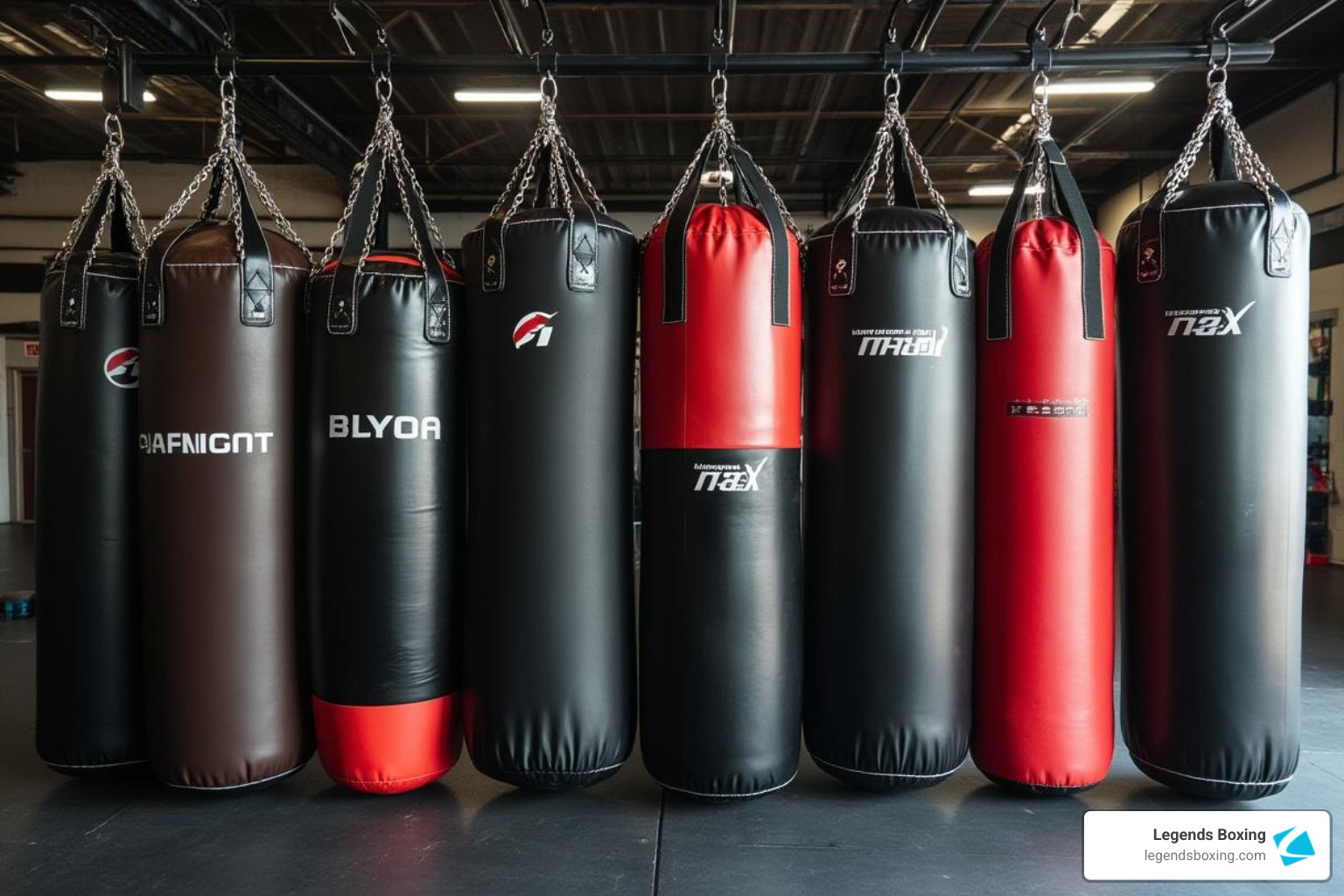 Row of six black and red heavy bags hanging from ceiling chains in a commercial boxing gym — dramatic perspective showing the lineup of equipment — visual contrast between heavy bag design and the agile double end bag — Legends Boxing