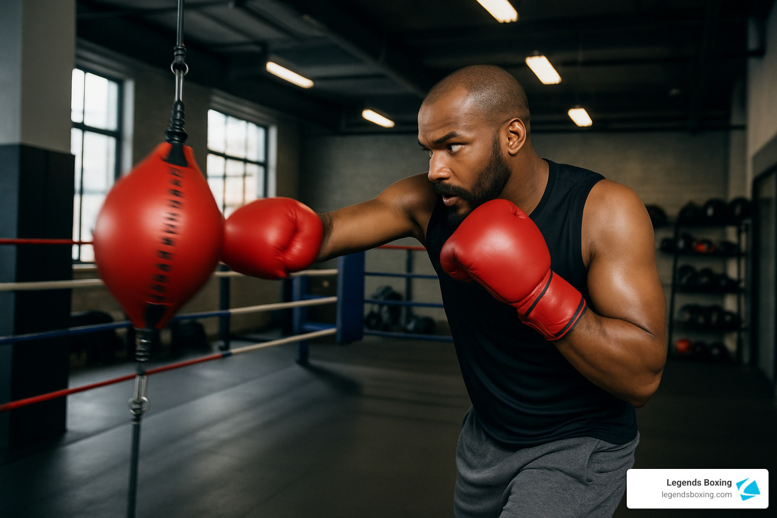 Powerful man in black tank top mid-punch on a red double end bag — boxing ring and equipment racks visible behind him — full focus, snap jab connecting with the moving bag — double end bag training at Legends Boxing