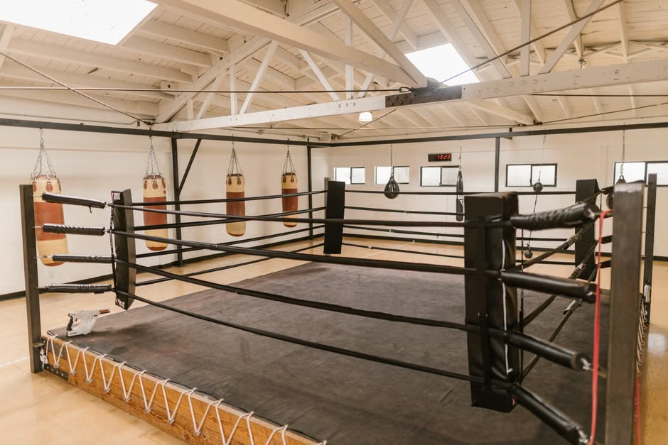 A spacious, clean boxing gym interior — well-lit room with a full-size boxing ring, multiple heavy bags hanging from ceiling on both sides, white wood-paneled ceiling with natural light — gym near Draper Utah area