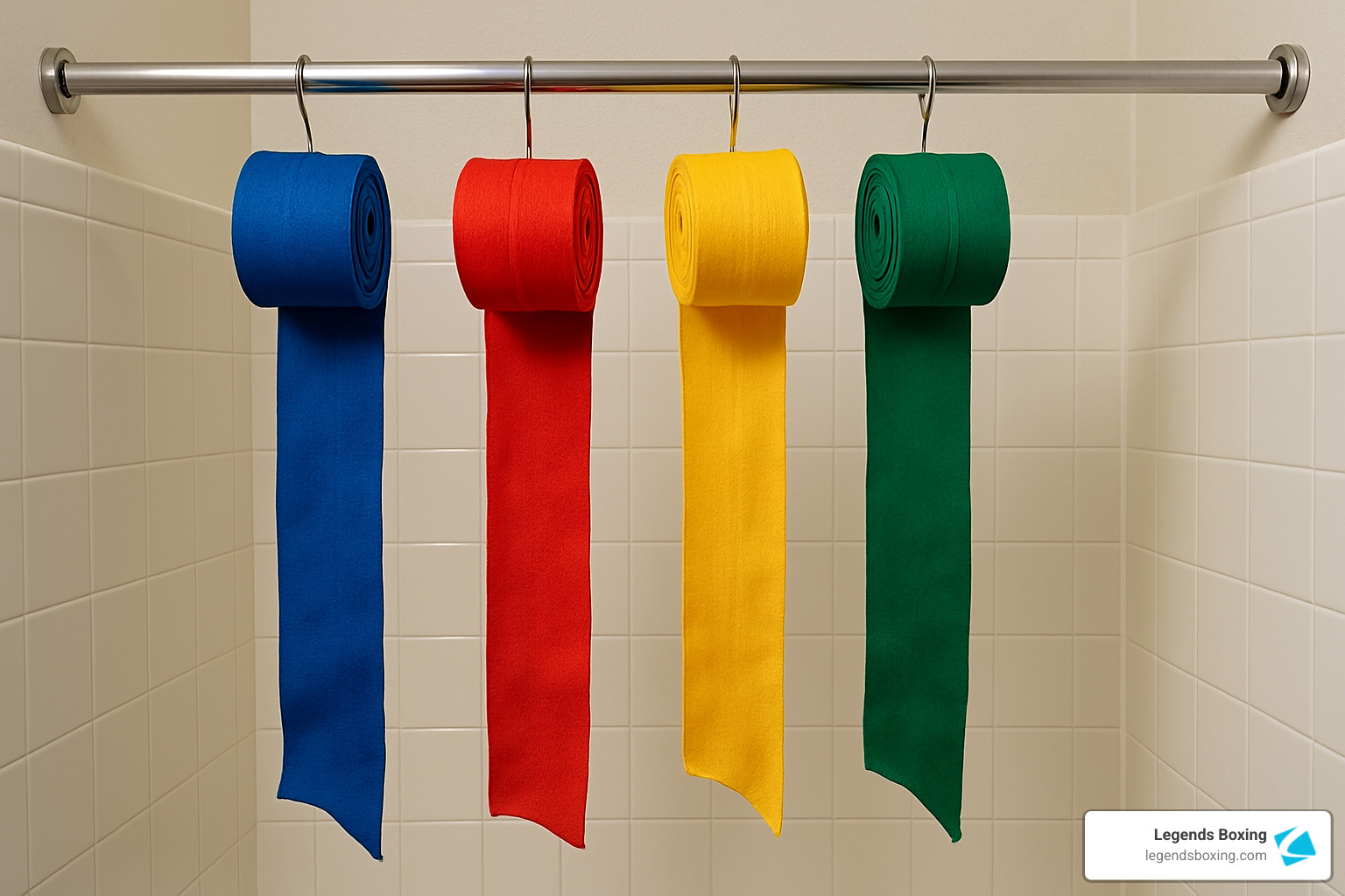 Four colorful hand wraps — blue, red, yellow, and green — hanging fully unrolled from hooks on a chrome shower rod in a white tiled bathroom, each wrap draping straight down — showing the gold standard air-drying setup