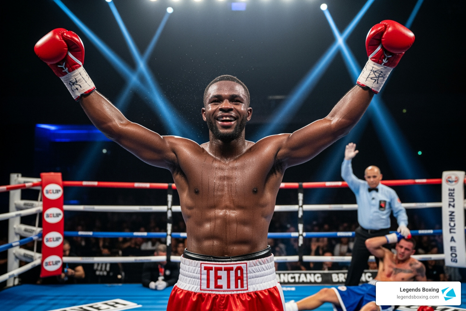 Zolani Tete raises his arms after his historic 11-second world title knockout