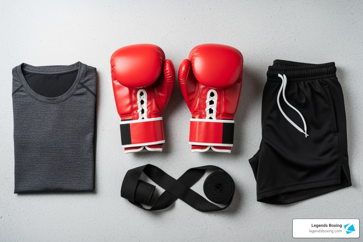 Flat lay of essential boxing gear on a light grey surface — folded grey athletic t-shirt on the left, pair of red lace-up boxing gloves in the center, black hand wraps coiled below the gloves, black athletic shorts on the right — female boxing starter kit