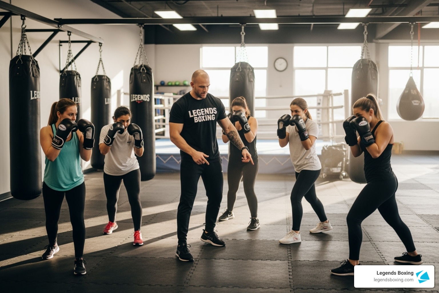 Legends Boxing coach in a black Legends Boxing t-shirt teaching a group of five women proper boxing stance — heavy bags labeled 'LEGENDS' and a boxing ring visible in the background — Legends Boxing group class