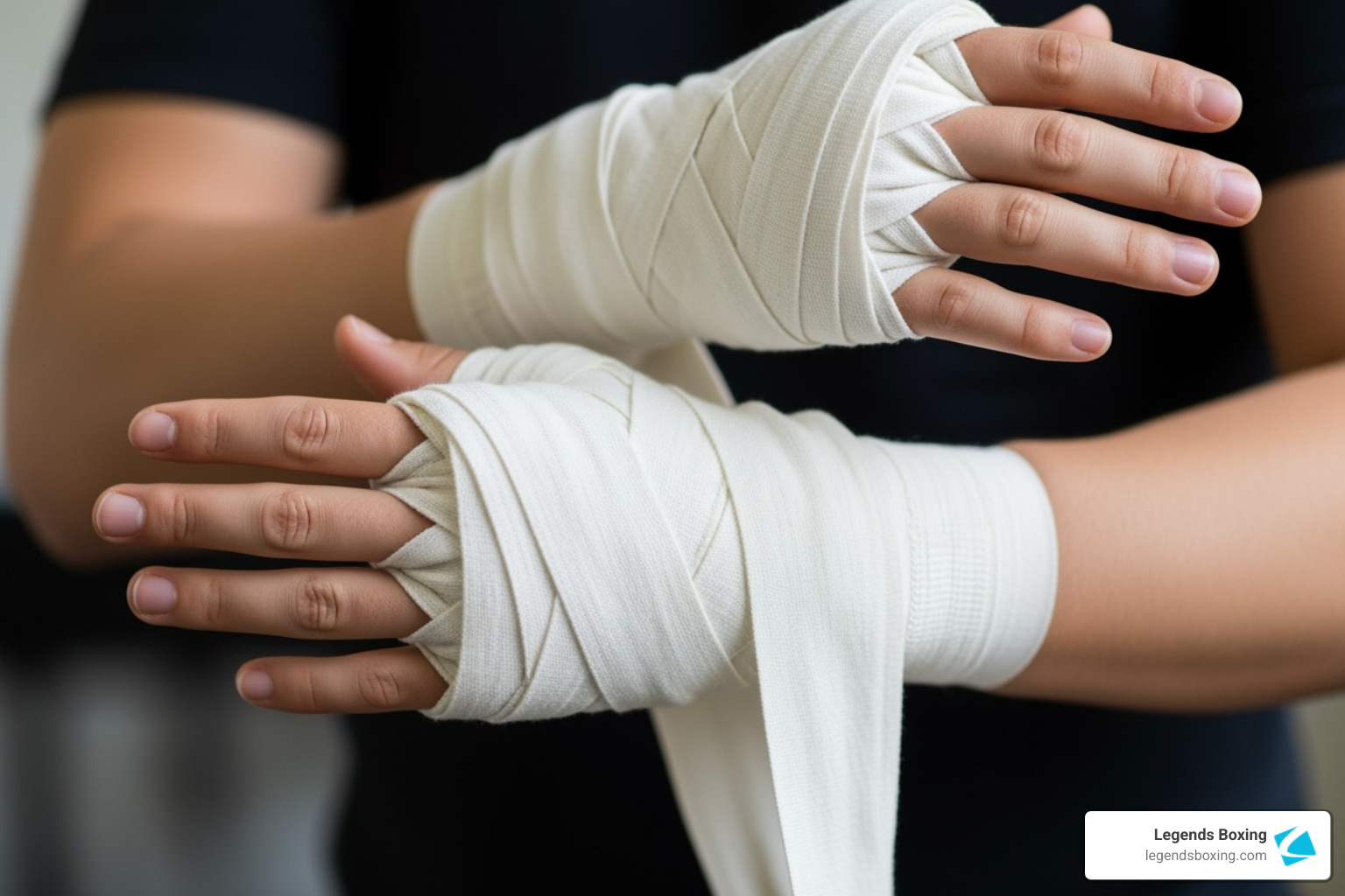 Close-up of two hands with white boxing hand wraps being applied — demonstrating the correct wrapping technique for knuckle and wrist protection