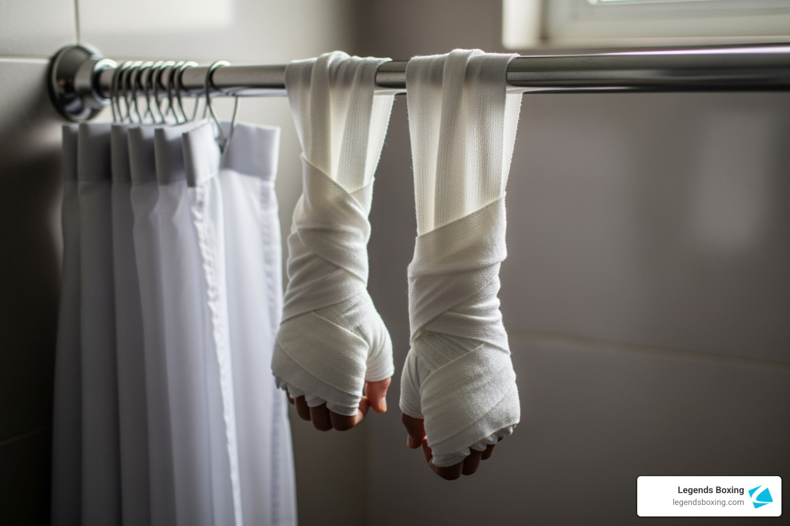 Two white-wrapped hands hanging over a chrome shower curtain rod to air dry — proper boxing hand wrap drying technique — Legends Boxing
