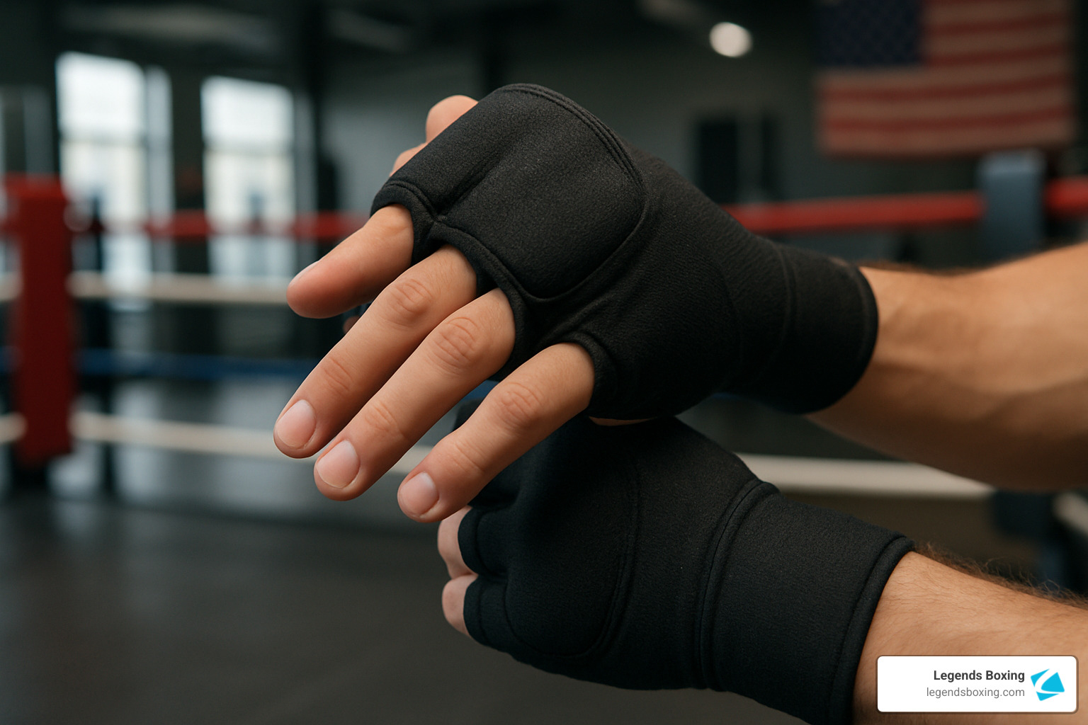 Close-up of two hands wearing black quick wrap gloves (fingerless gel/fabric inner gloves) in a boxing gym — American flag and red-and-blue boxing ring ropes visible in background — showing the convenient slip-on alternative to traditional hand wraps for beginners