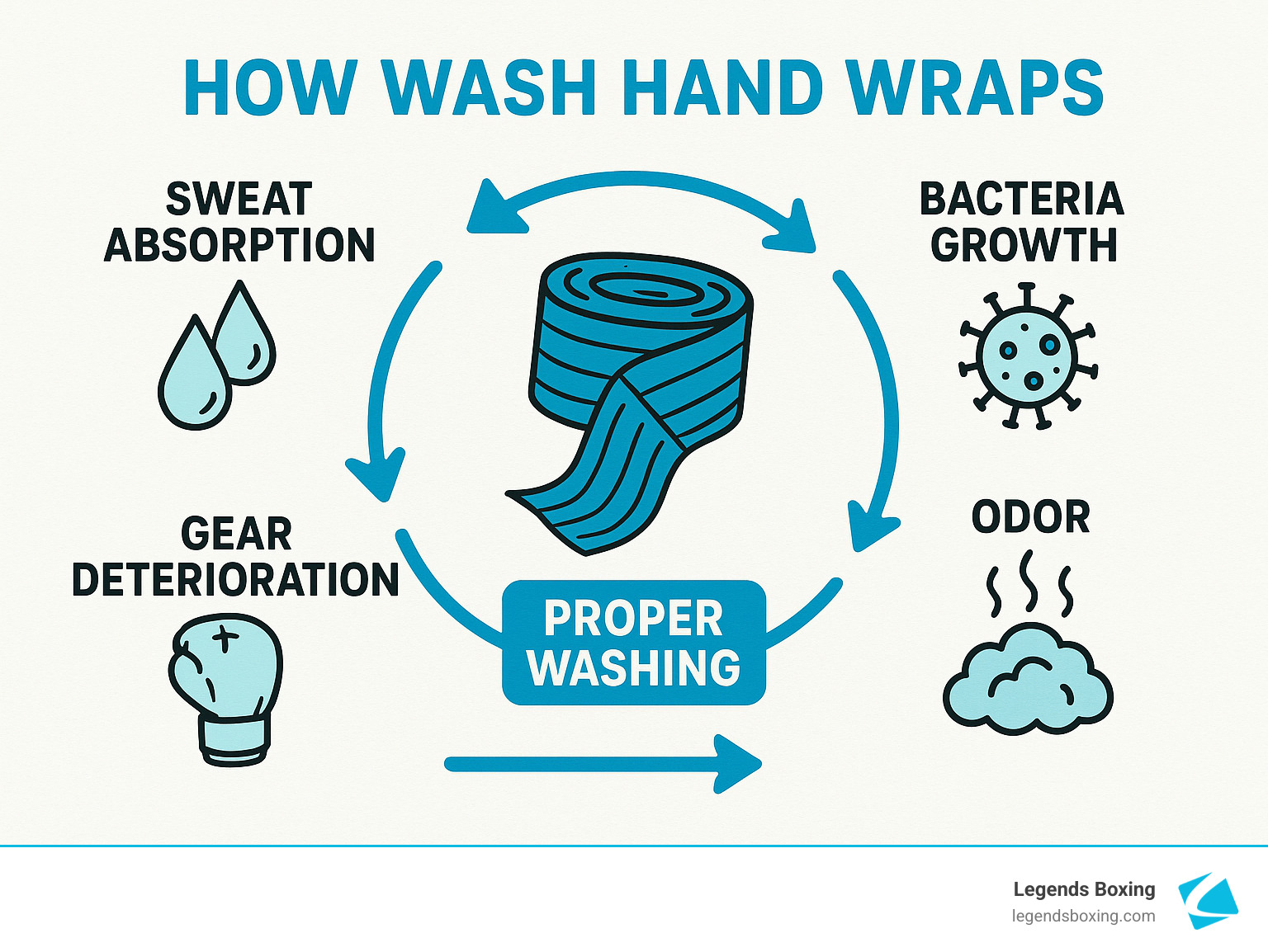 How Wash Hand Wraps cycle infographic: sweat absorption leads to bacteria growth, which causes odor, leading to gear deterioration — proper washing breaks the cycle — Legends Boxing branded diagram