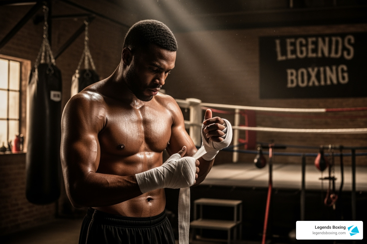 Muscular boxer wrapping white hand wraps in a boxing gym with a "LEGENDS BOXING" sign visible on the wall behind him and a boxing ring to the right — Legends Boxing