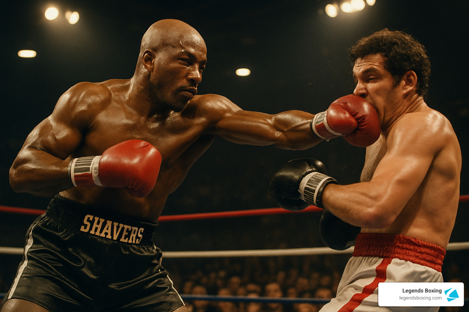 Earnie Shavers (in "SHAVERS" trunks) delivering a devastating right hand that connects with an opponent's chin in a boxing ring — crowd visible in background — illustration of the punch Muhammad Ali called the hardest he ever felt