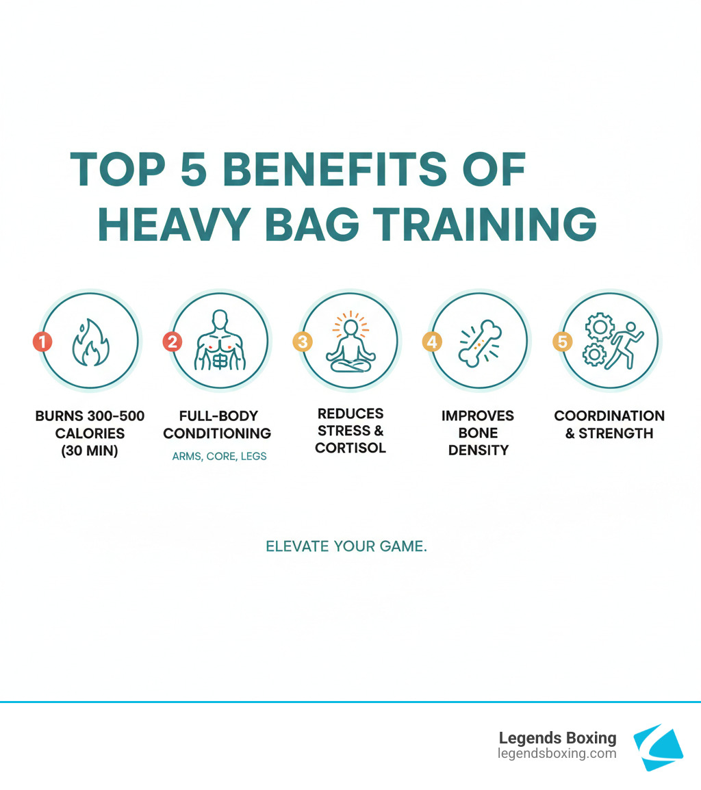 Top 5 benefits of heavy bag training — burns 300–500 calories, full-body conditioning, reduces stress, improves bone density, coordination and strength