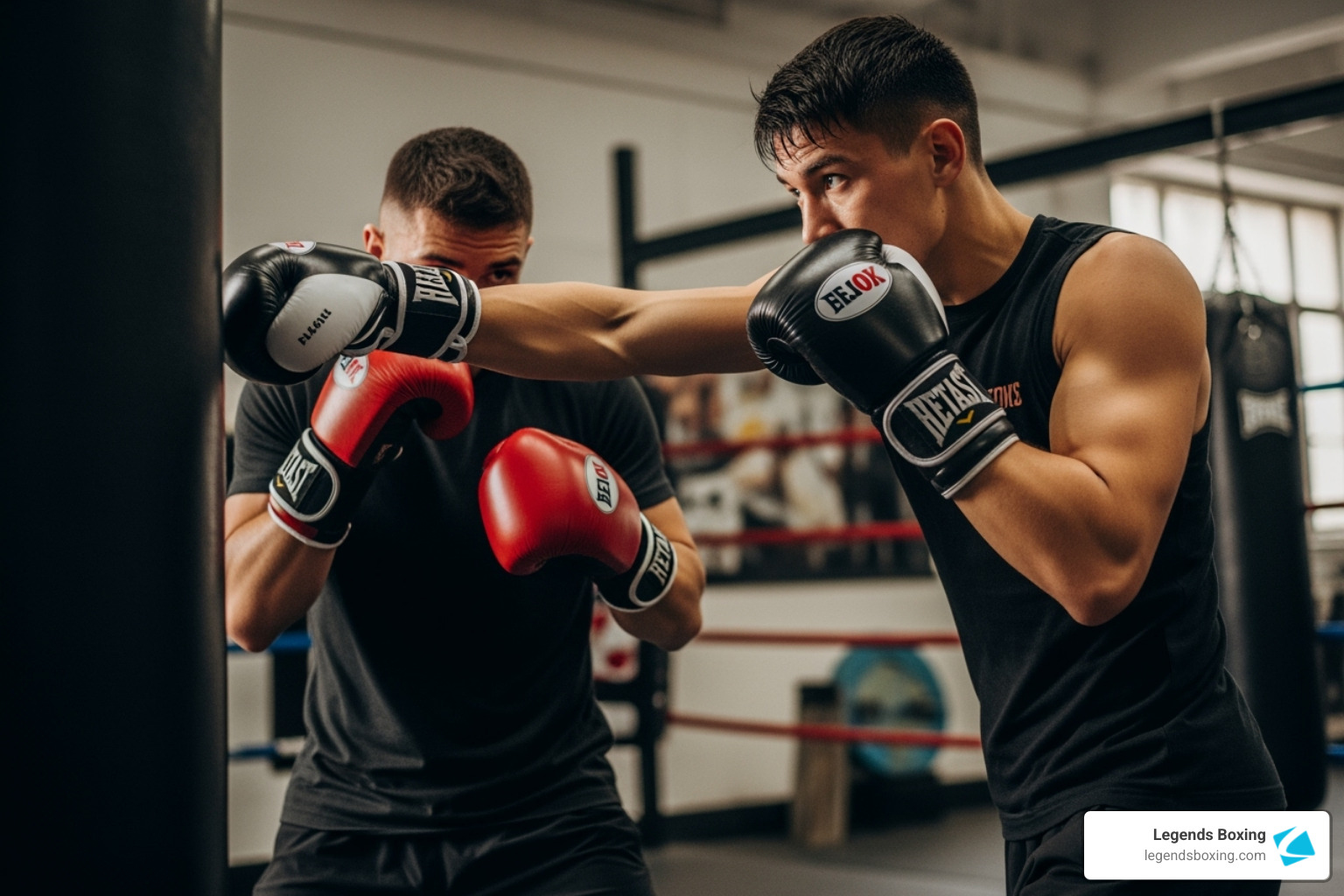 Two boxers training combinations together in the ring at Legends Boxing