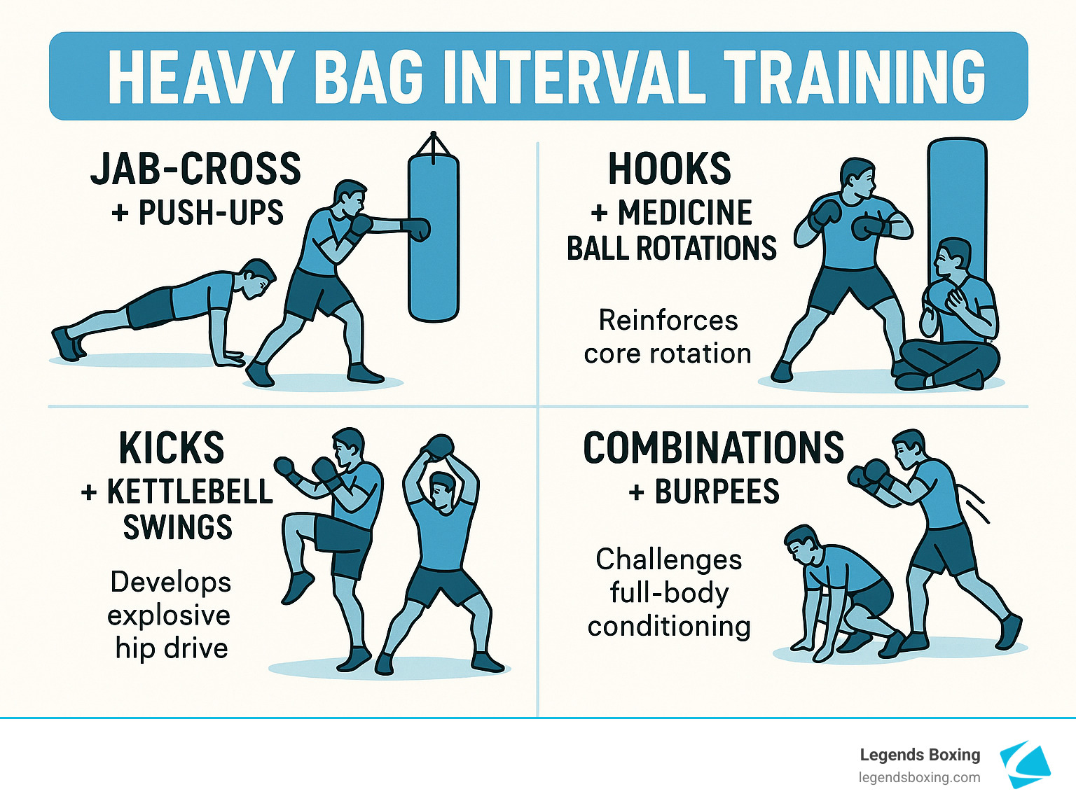 Heavy Bag Interval Training exercise pairings infographic — four quadrants: Jab-Cross + Push-Ups (upper left, bag and push-up illustrations) / Hooks + Medicine Ball Rotations — reinforces core rotation (upper right) / Kicks + Kettlebell Swings — develops explosive hip drive (lower left) / Combinations + Burpees — challenges full-body conditioning (lower right) — Legends Boxing