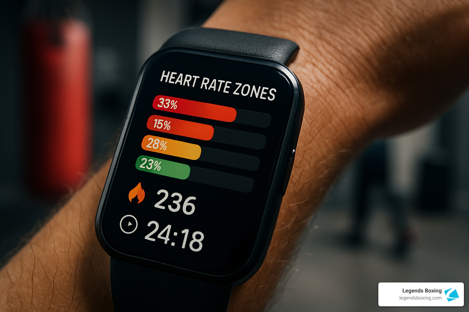 Close-up of a smartwatch on a wrist displaying "Heart Rate Zones" — colored horizontal bars showing 33% (red) / 15% (dark red) / 28% (orange) / 23% (green) — plus 236 calories burned and 24:18 elapsed workout time — red heavy bag blurred in background — showing the data-driven approach to heavy bag interval training that confirms you're hitting the right intensity zones