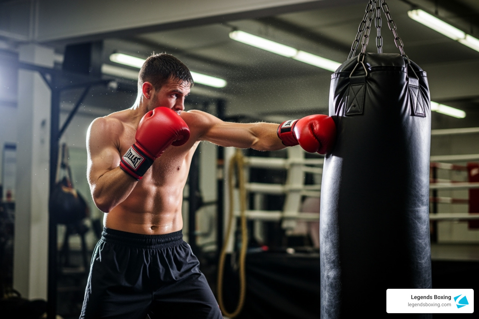 Boxer throwing a powerful cross into the heavy bag with full hip rotation