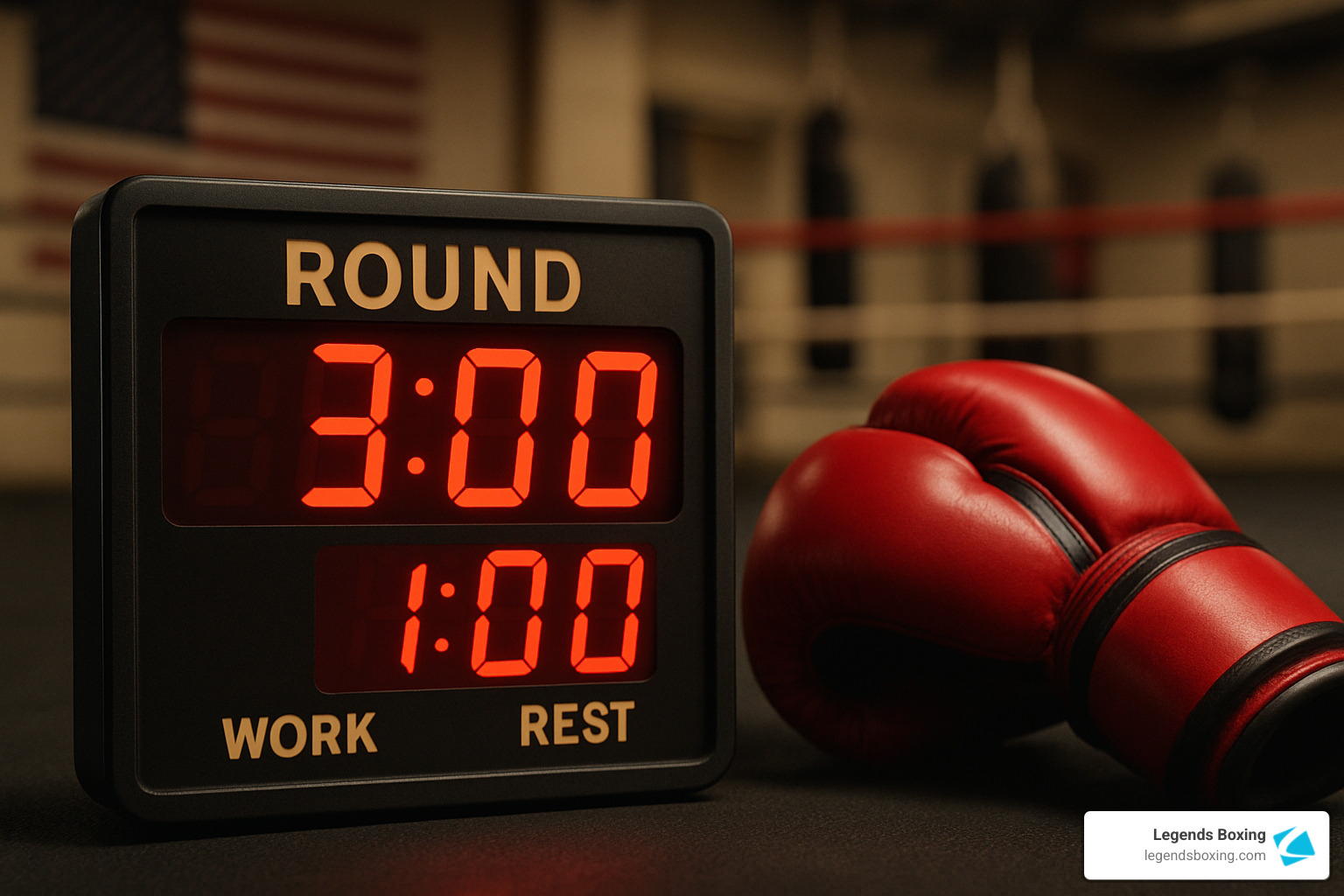 Boxing round timer on gym wall showing ROUND / 3:00 WORK / 1:00 REST with red boxing gloves beside it, American flag and boxing ring visible in the background — the exact timing format that structures every effective heavy bag training session