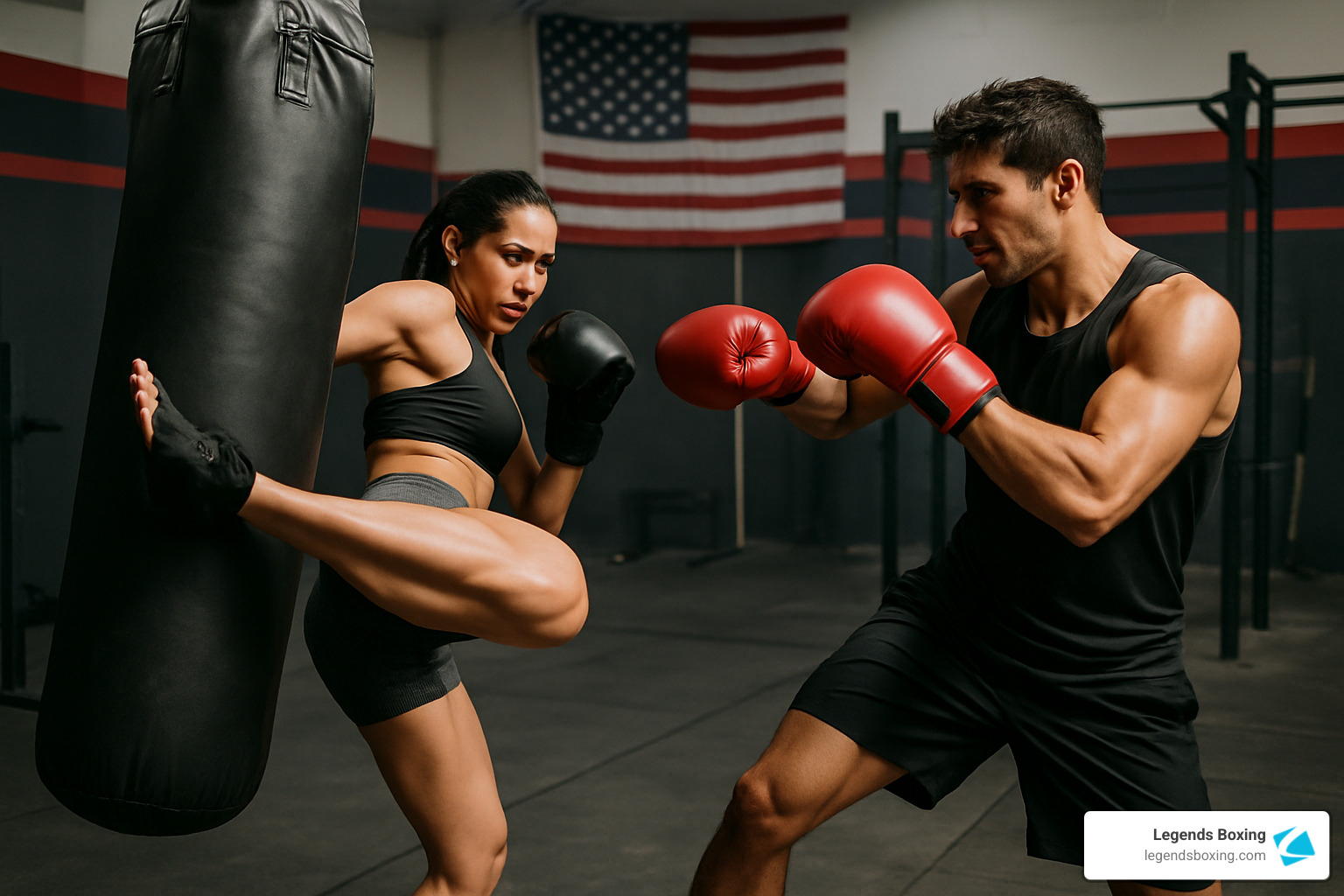 Woman kneeing a heavy bag while man in red boxing gloves maintains guard position — kick-punch combination technique showing full-body engagement — American flag in gym background — Legends Boxing