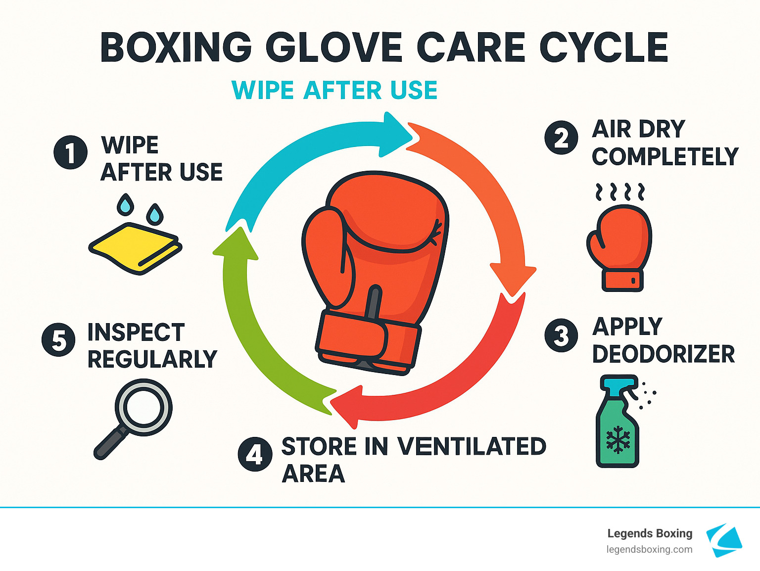 Boxing Glove Care Cycle circular infographic — five-step cycle around a glove illustration: Step 1 Wipe After Use (cloth with droplets icon), Step 2 Air Dry Completely (glove with steam icon), Step 3 Apply Deodorizer (spray bottle icon), Step 4 Store in Ventilated Area, Step 5 Inspect Regularly (magnifying glass icon) — Legends Boxing branded