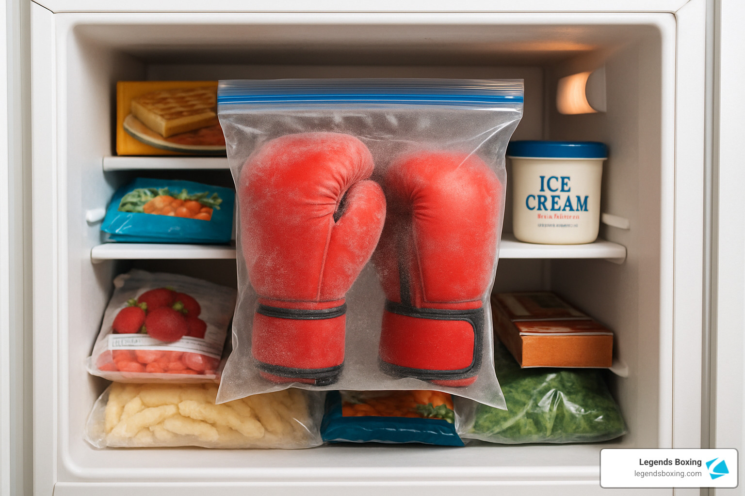 Red boxing gloves sealed inside a clear ziplock bag sitting in a freezer compartment alongside ice cream, strawberries, and other frozen foods — illustrating the freezer method for killing odor-causing bacteria in boxing gloves — Legends Boxing branded