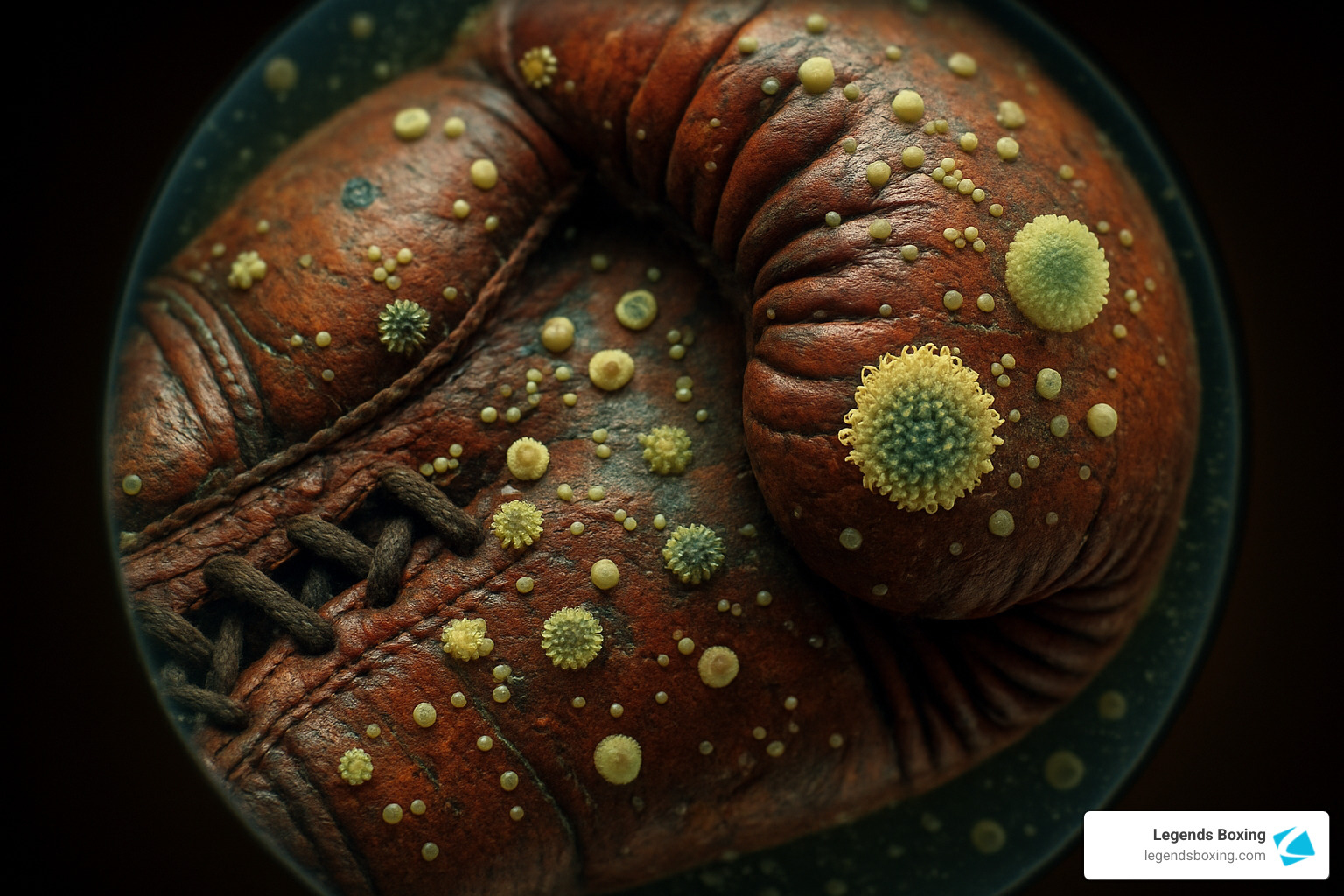 Macro close-up of a dark red leather boxing glove covered in yellow-green bacteria and mold colonies in various sizes — showing the invisible consequence of skipping post-workout glove care