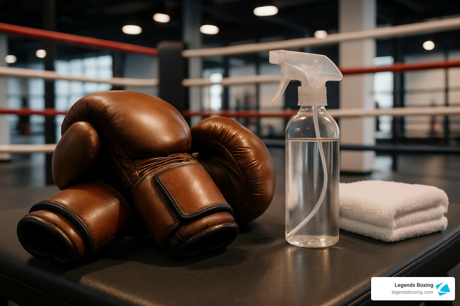 Brown leather boxing gloves beside a clear spray bottle and white folded towels on a gym bench, boxing ring visible in the background — everything needed for a proper deep-cleaning session