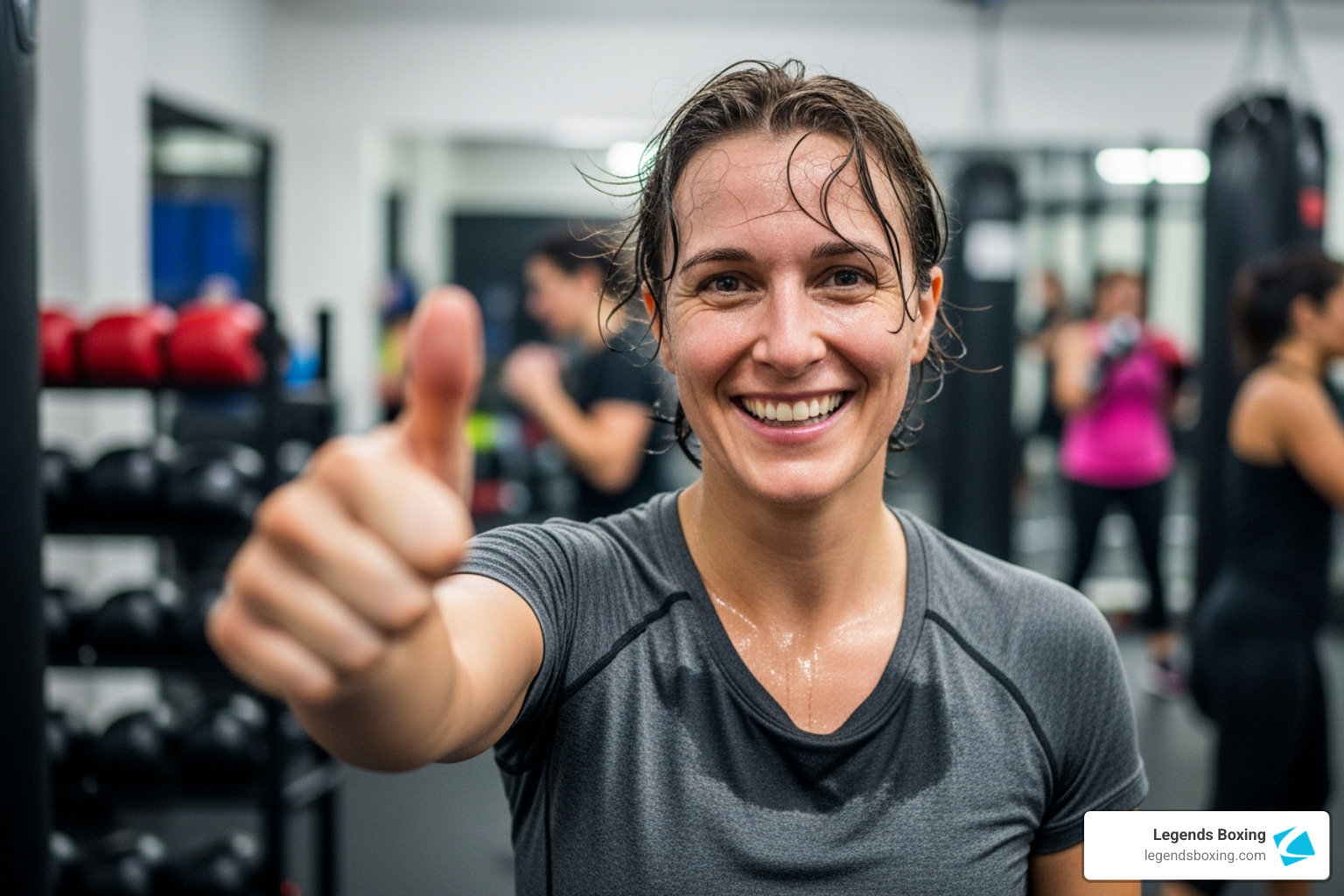 Smiling, sweaty member giving a thumbs up after finishing a Legends Boxing class