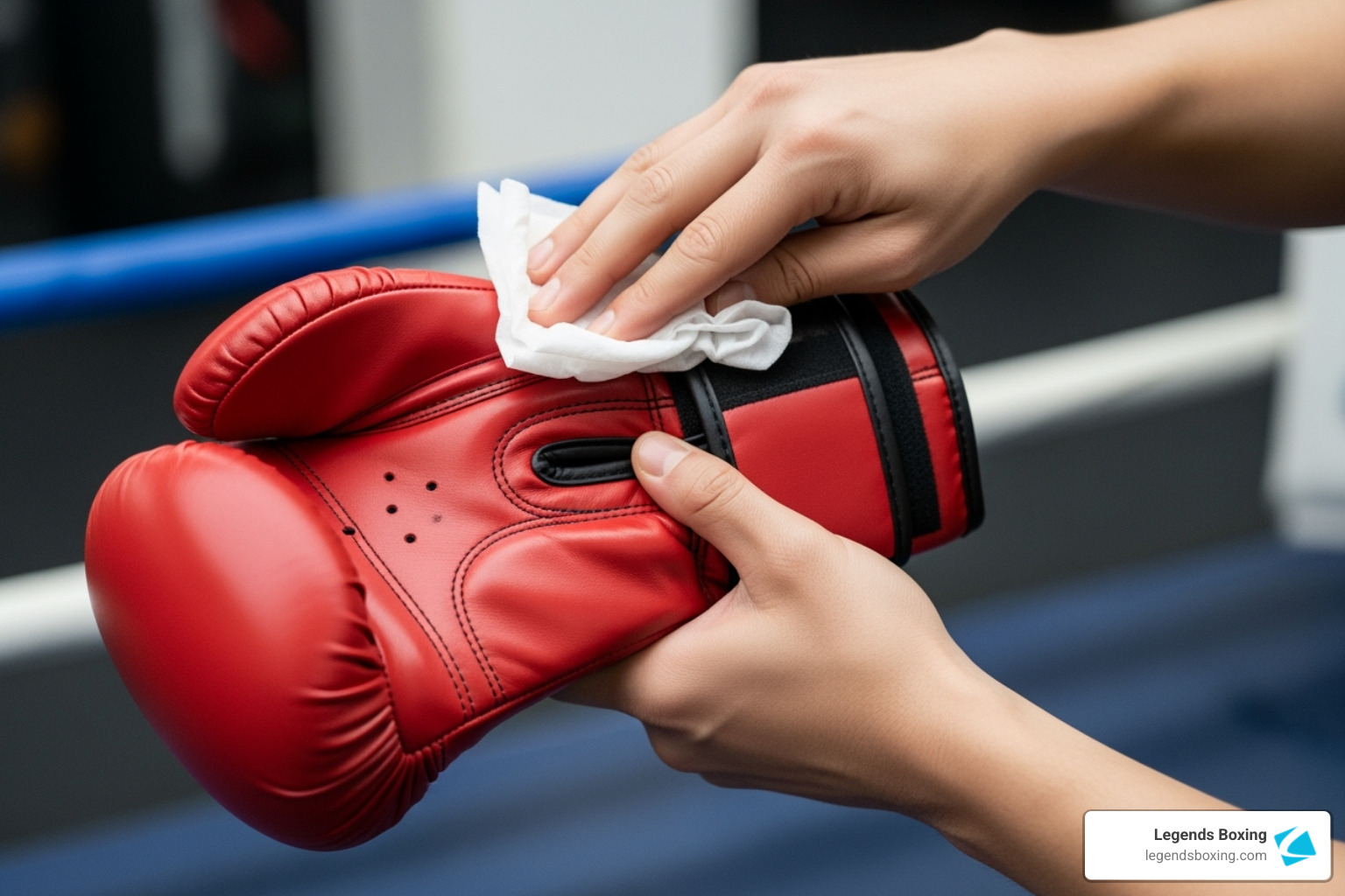 Hands using a white cleaning cloth to wipe down a red boxing glove — proper post-workout glove maintenance — boxing ring ropes visible in blurred background — Legends Boxing