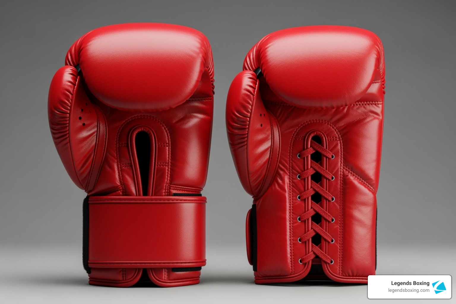 Two identical red boxing gloves displayed side-by-side on a neutral gray background — left glove shows Velcro closure system, right glove shows traditional lace-up closure — comparison of Velcro vs lace-up punching bag gloves — Legends Boxing