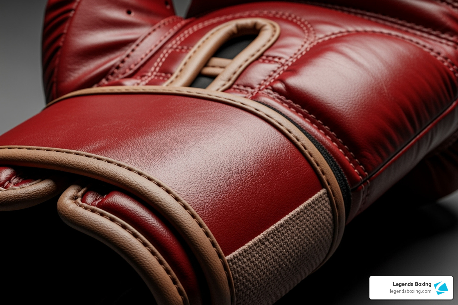 Extreme close-up of a red and tan leather boxing glove wrist panel — showing the velcro strap, wrist support construction, and premium stitching detail — punching bag glove wrist support — Legends Boxing