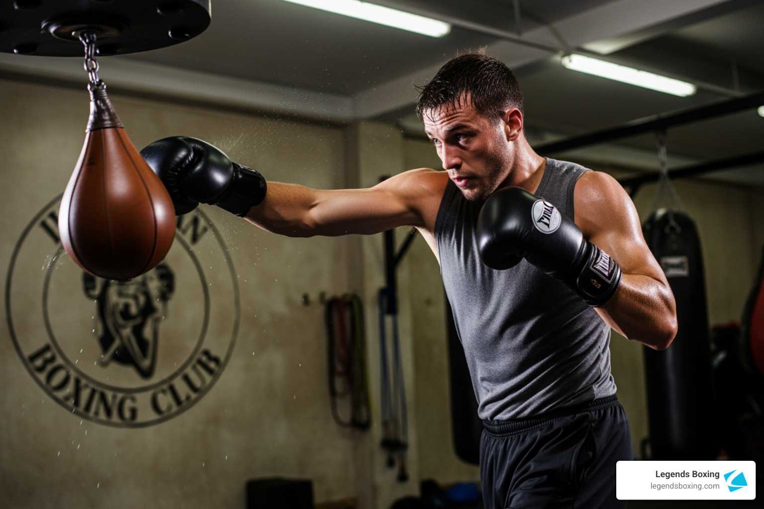 Boxer performing a focused speed bag drill with precise technique — arm extended, making contact with the bag