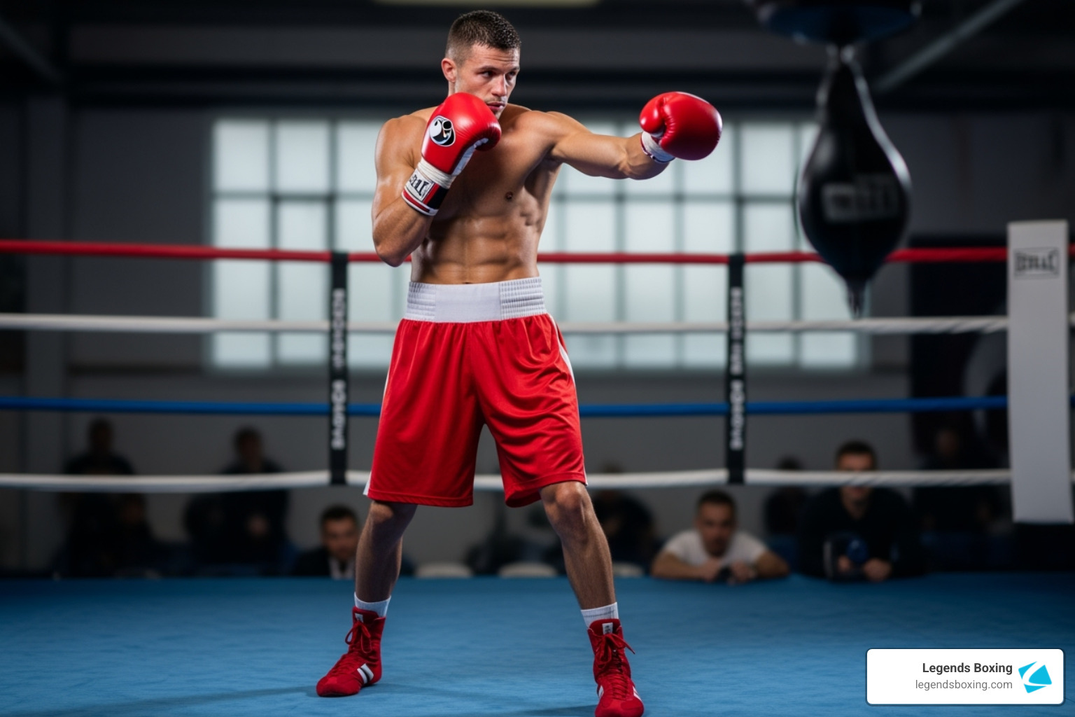 Boxer in boxing ring in proper guard stance with a speed bag visible in background — demonstrating square stance and hands-up position