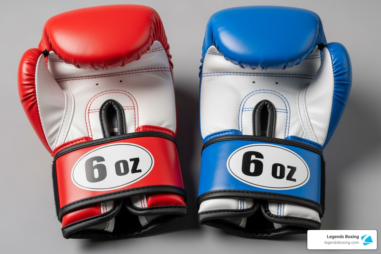 Two pairs of 6 oz boxing gloves side by side on a grey surface — left glove is red with white interior and black Velcro closure labeled "6 oz," right glove is blue with white interior and black Velcro closure labeled "6 oz" — youth beginner boxing glove options — Legends Boxing
