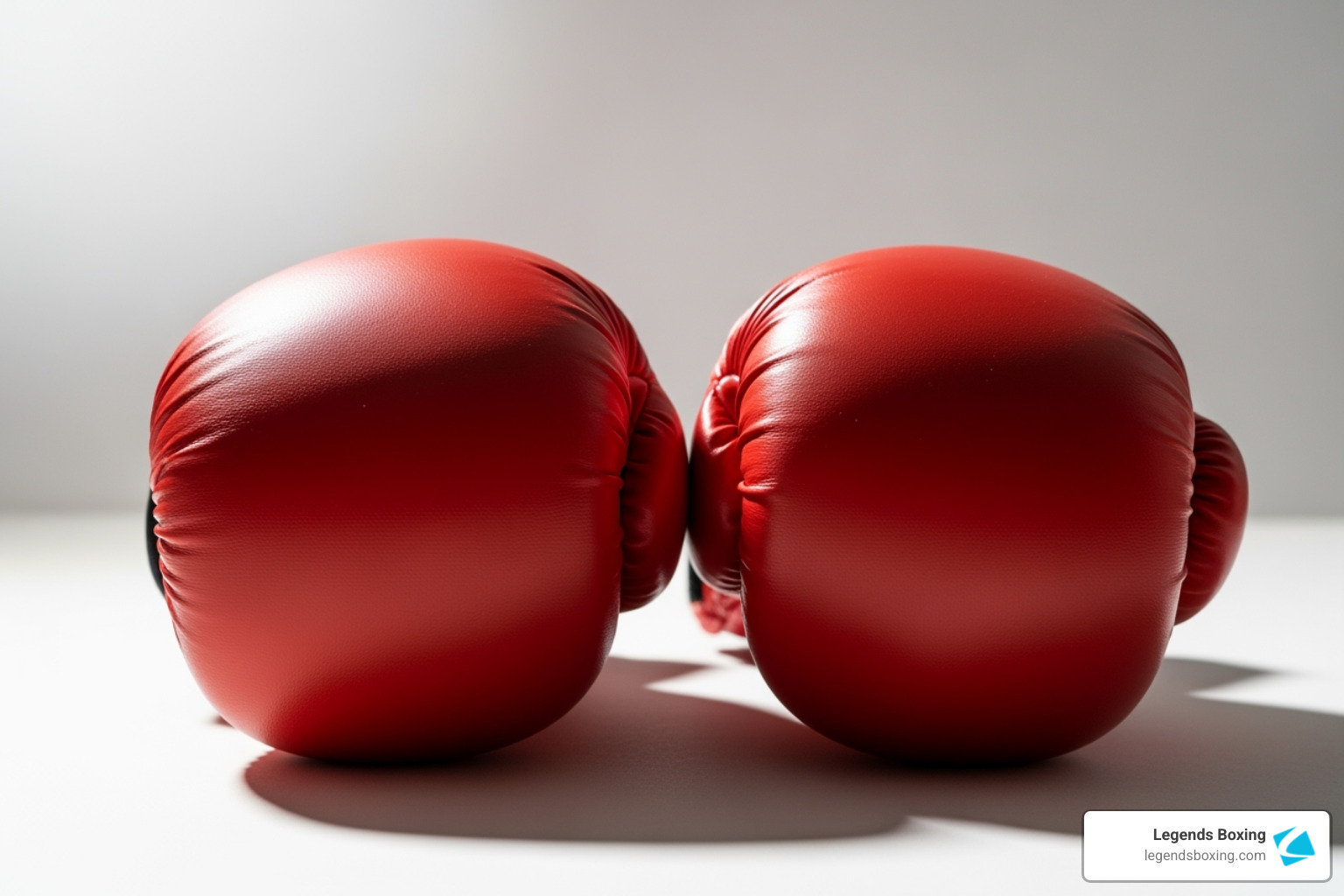 Two deep red boxing gloves photographed face-to-face on a white surface — rounded knuckle padding prominent in the foreground, slightly smaller companion glove visible behind — youth 8 oz boxing gloves — Legends Boxing